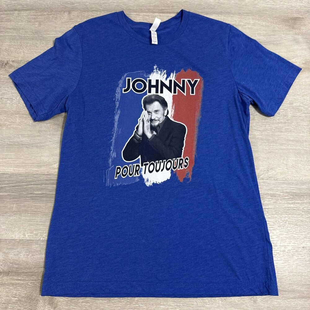 Johnny Hallyday Shirt Pour Toujours Men's Blue Tee Large Poly Cotton Rayon
